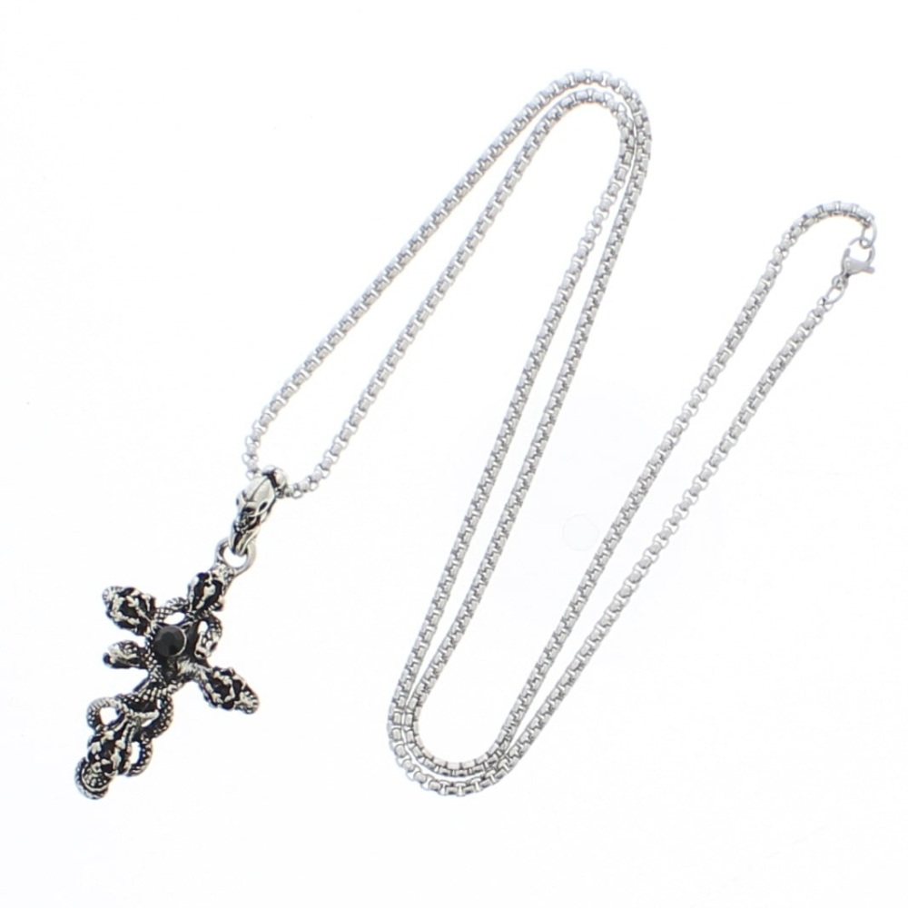 Zac's Alter Ego - Skulls, Snake & Cross Chain Necklace with Black Diamante Stone Ketting - Zilverkleurig